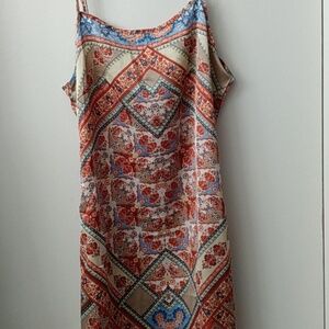 Cami mini dress, multi color geometric pattern, side zipper, satin no stretch